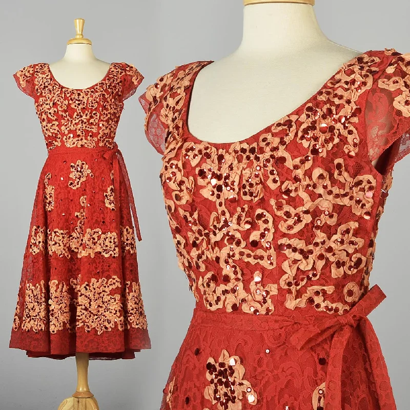 1940s Red Lace Fit & Flare Party Dress by Patric of Miss America Turtleneck Warm Winter