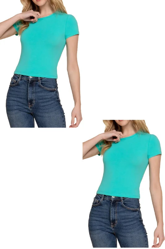 Women's Short Sleeve Crew Neck Crop Top - Soft Cotton Spandex Jersey 2-Pack Solid Print Embellished Women's Short Sleeve Crew Neck Crop Top - Soft Cotton Spandex Jersey 2-Pack Solid Print Embellished