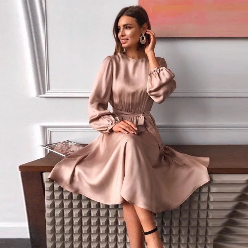Wjczt Casual O-Neck Satin Party Dress Women Lantern Sleeve Sashes A-Line Knee-Length Dress New Fashion Holiiday Bodycon Fitted Nightout