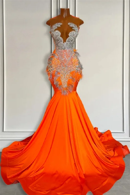 Orange Sleeveless Illusion Mermaid Prom Party Dresses With Beadings and Feather Tunics Party sparkling Orange Sleeveless Illusion Mermaid Prom Party Dresses With Beadings and Feather Tunics Party sparkling