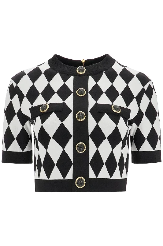 'jacquard Diamond Pattern Knit Crop Top  - Black Embroidered Appliqued Beaded