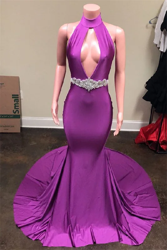 New Arrival Sleeveless Halter Evening Gown | Purple V-Neck Backless Mermaid Prom Dress New Arrival Sleeveless Halter Evening Gown | Purple V-Neck Backless Mermaid Prom Dress