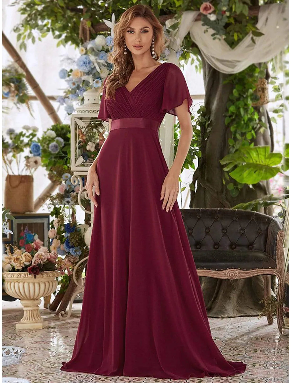 A-Line Evening Gown Dress Wedding Guest Floor Length Short Sleeve V Neck Chiffon V Back with Ruffles A-Line Evening Gown Dress Wedding Guest Floor Length Short Sleeve V Neck Chiffon V Back with Ruffles