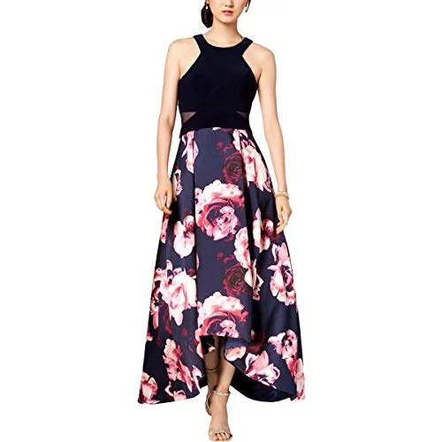 X by Xscape Womens Petites Floral Hi-Low Evening Dress Navy