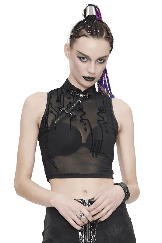 Cyberpunk Women's Sexy Transparent Crop Top with SCI-FI Flock Print Mesh Fabric Canvas Fabric Denim Fabric Cyberpunk Women's Sexy Transparent Crop Top with SCI-FI Flock Print Mesh Fabric Canvas Fabric Denim Fabric