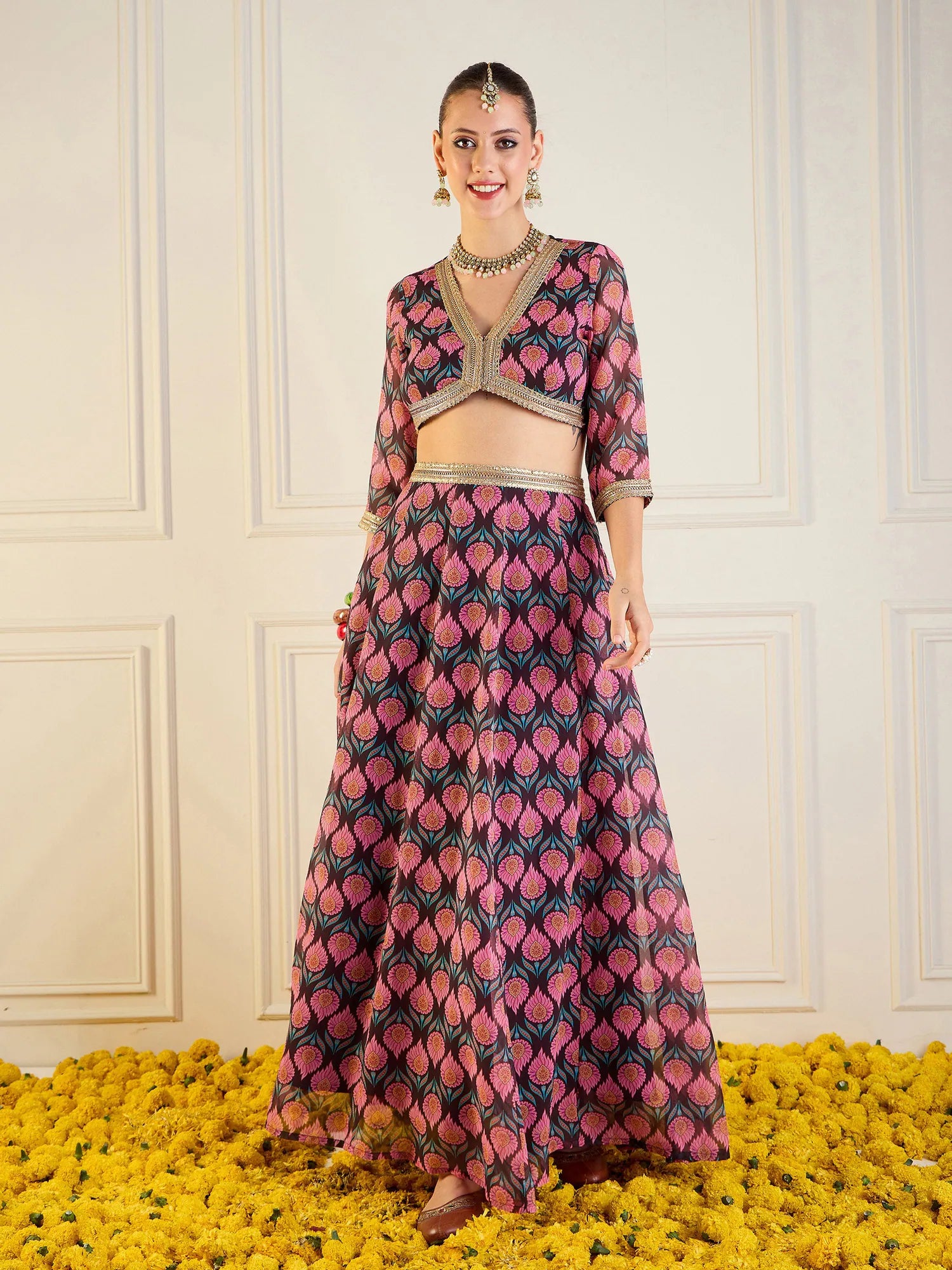 Women Brown Floral Anarkali Skirt With Crop Top-SHSET95951 Houndstooth Herringbone Solid Women Brown Floral Anarkali Skirt With Crop Top-SHSET95951 Houndstooth Herringbone Solid