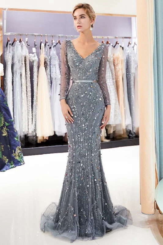 Gray V-Neck Mermaid Evening Dresses with Long Sleeves | Sexy Mermaid Prom Dresses