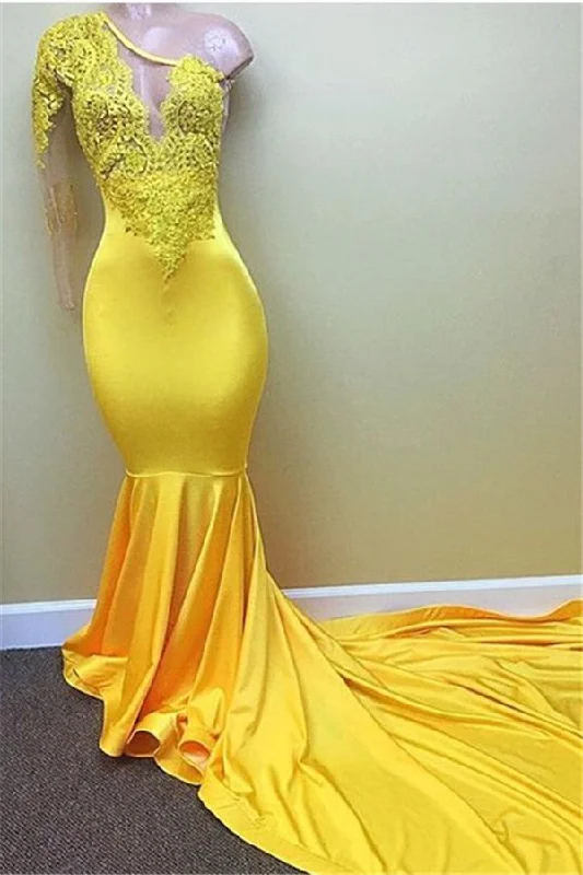New Arrival Yellow One Shoulder Mermaid Prom Dresses Long Sleeves Appliques Evening Dresses BA7778 New Arrival Yellow One Shoulder Mermaid Prom Dresses Long Sleeves Appliques Evening Dresses BA7778