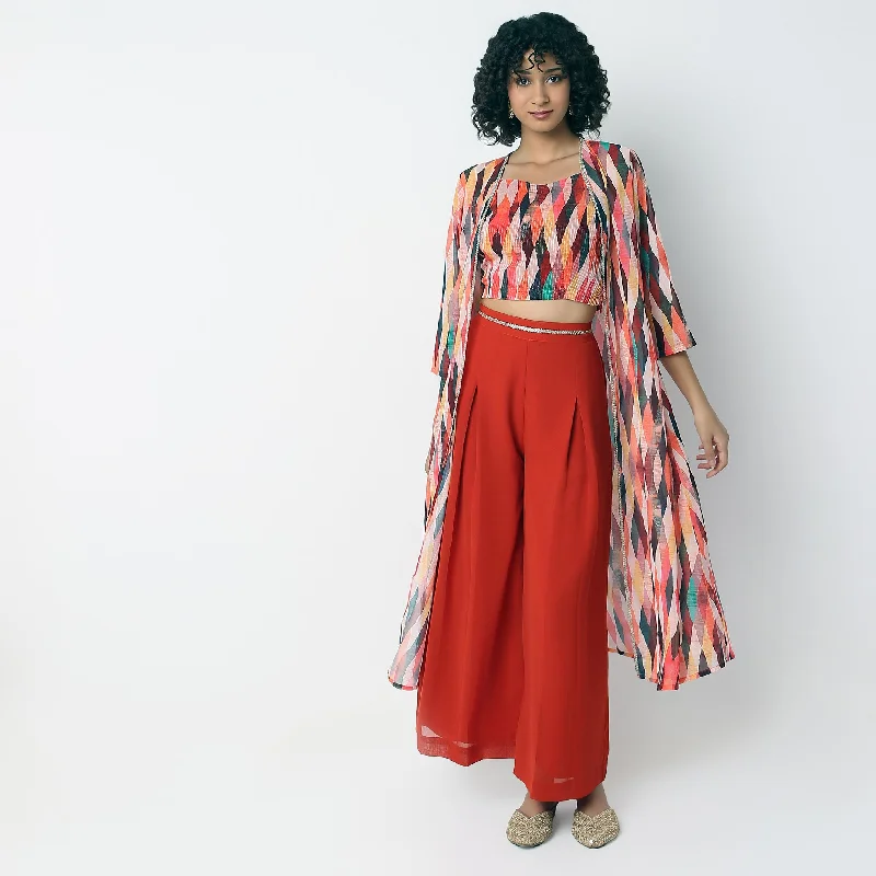Flare Fit Embellished Crop Top and Palazzo Shrug Set Zippered Buttoned Snapped