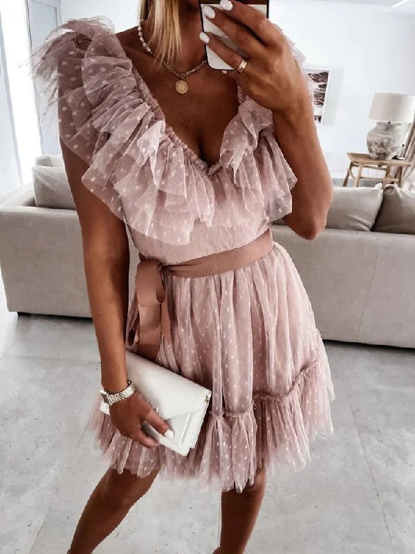 Wjczt 2023 Summer Ladies Sexy Deep V Neck Gauze Party Dress Women Elegant Solid Sleeveless Knee-Length Dress Streetwear Sweet Dresses Tunics Velvet soft