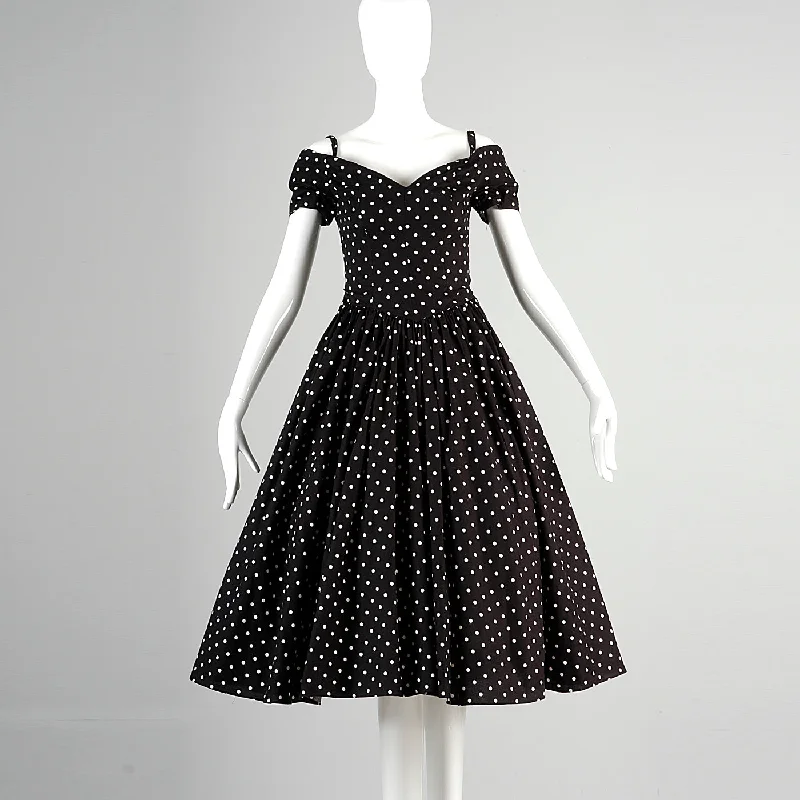 1980s I. Magnin Off Shoulder Party Dress in Black with White Polka Dots Crew Neckline Sporty