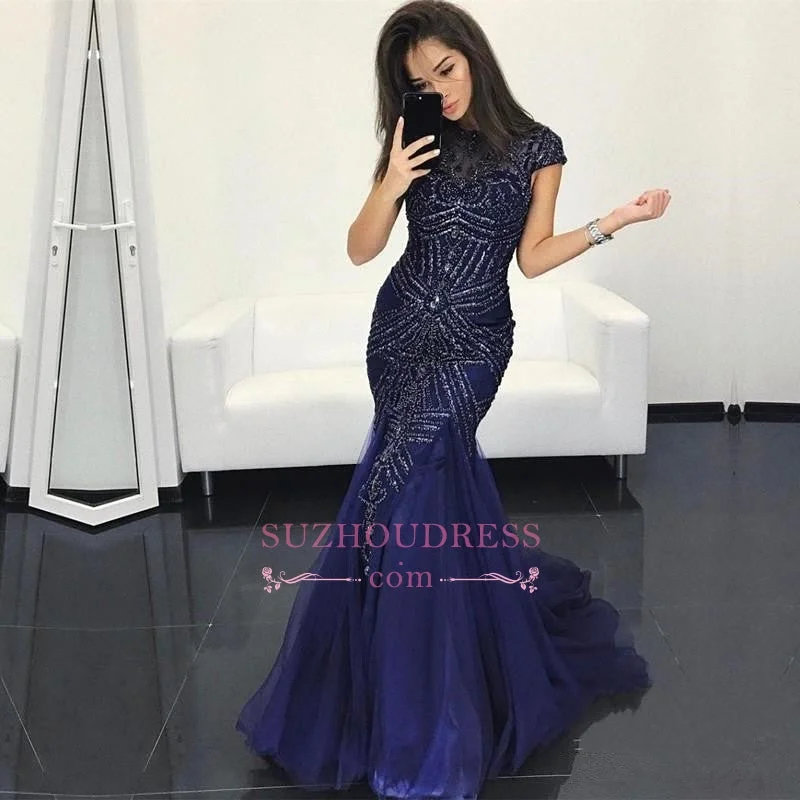 Sexy Mermaid Dark Navy Prom Dresses | Elegant Crystal Cap-Sleeves Evening Dresses