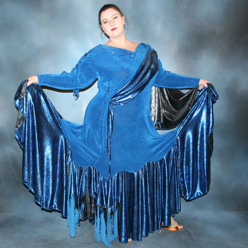 Blue Plus Size Ballroom Dress with Black Accents, Hand Beading-Mira Tunics Satin smooth Blue Plus Size Ballroom Dress with Black Accents, Hand Beading-Mira Tunics Satin smooth