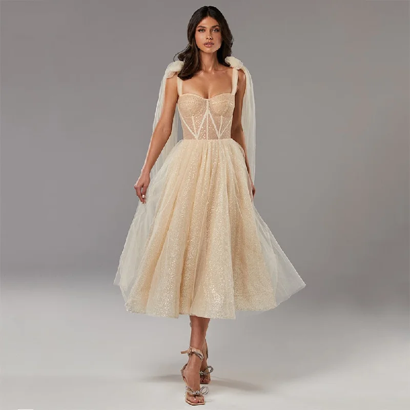 Cinessd  Shinny Dotted Tulle Prom Dresses Spaghetti Straps Sweetheart Prom Gowns A-Line Formal Party Dresses empire Waist empire