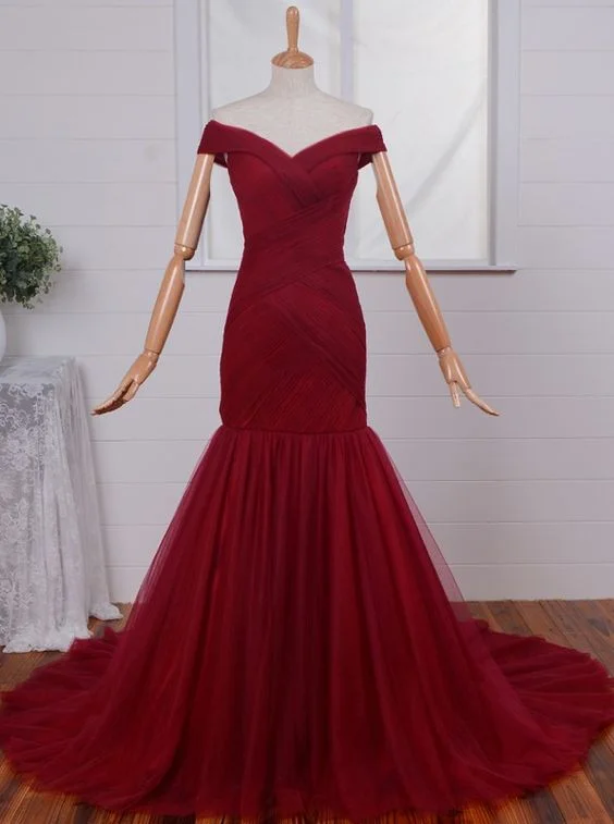 Ruched Mermaid Long Red Formal Evening Gown  Off-the-Shoulder Tulle Prom Dresses