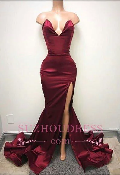 Sweep Train Sleeveless Evening Dress Burgundy Front Split Sexy Sweetheart Prom Dress BA5544 Sweep Train Sleeveless Evening Dress Burgundy Front Split Sexy Sweetheart Prom Dress BA5544