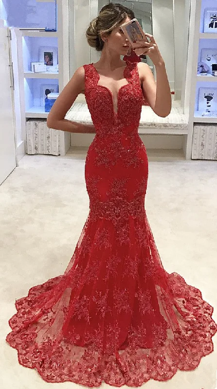 Sleeveless V-neck Mermaid Lace Evening Dress Red  Sexy Prom Dresses Online