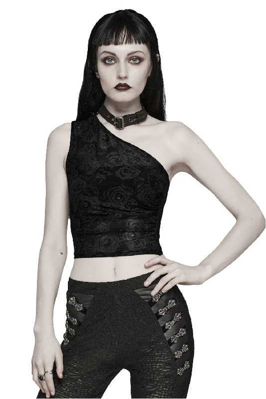 Elegant Floral Mesh Asymmetric Crop Top with Choker Print Jacquard Patchwork