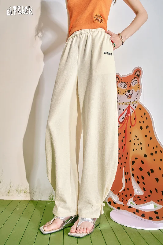 ELFSACK 2024 Summer New Chinese Button Tie Feet White Casual Pants for Women Fashionable Track Pants