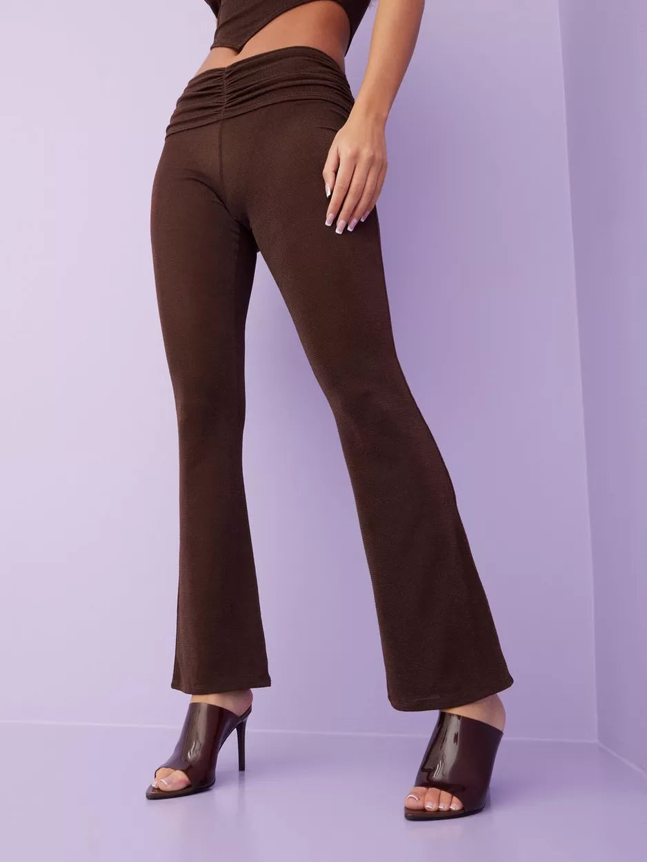 Low Ruched Lurex Pants Brown Casual Wide Pants