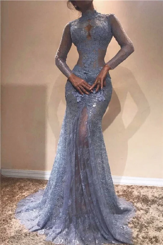 High Neck Long Sleeve Lavender Lace Prom Dresses Sexy Sheath Gorgeous Evening Gown BA7961 High Neck Long Sleeve Lavender Lace Prom Dresses Sexy Sheath Gorgeous Evening Gown BA7961