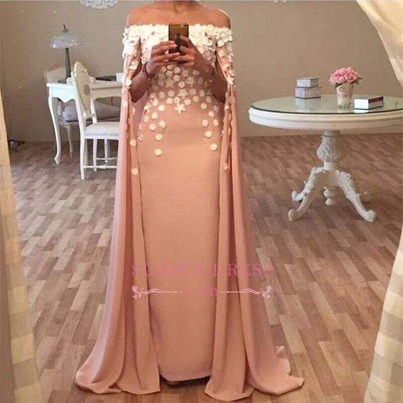 Long Floor Length Designer Cape Evening Dresses  Appliques Flowers Glamorous Prom Dress