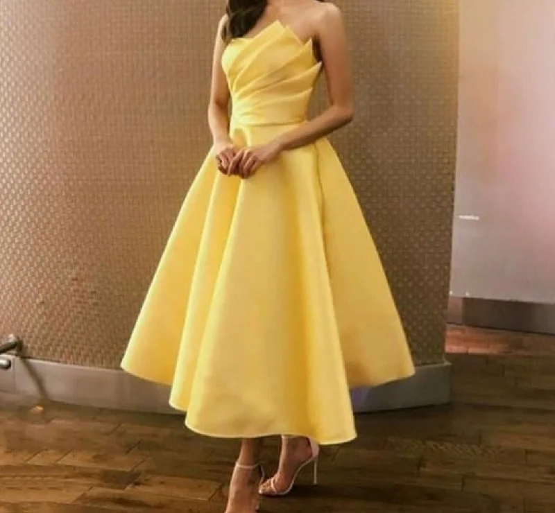 Cinessd  Elegant Yellow Short Off Shoulder Party Dresses 2024 A-Line Tea Length Pleated Satin Prom Evening Gowns With Pockets Tunics Travel practical