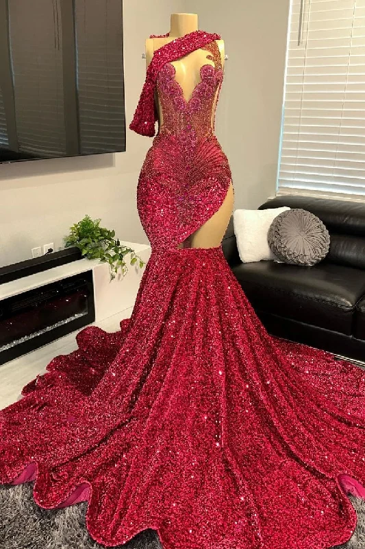 One shoulder Burgundy Sequin Prom Party Dresses with cutout Tunics Denim casual