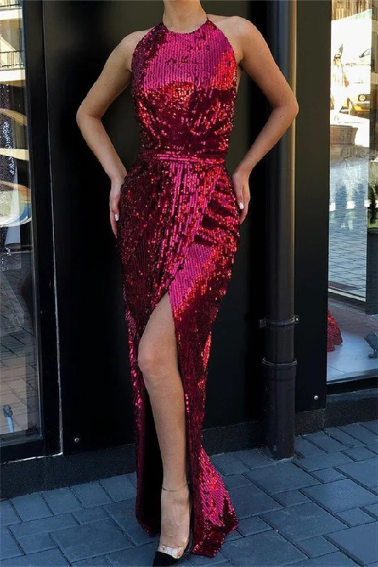New Arrival Sleeveless Halter Floor-Length Prom Dresses | Front Split Mermaid  Evening Gown