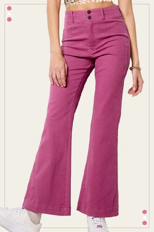 La Miel Soft Washed Stretchy High Waisted Wide Flare Two Button Pants in Magenta Wide-Legged Palazzos