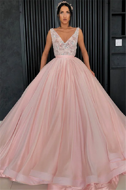 Glamorous V-Neck Ball Gown Sleeveless Prom Dresses |  Appliques Evening Gown On Sale