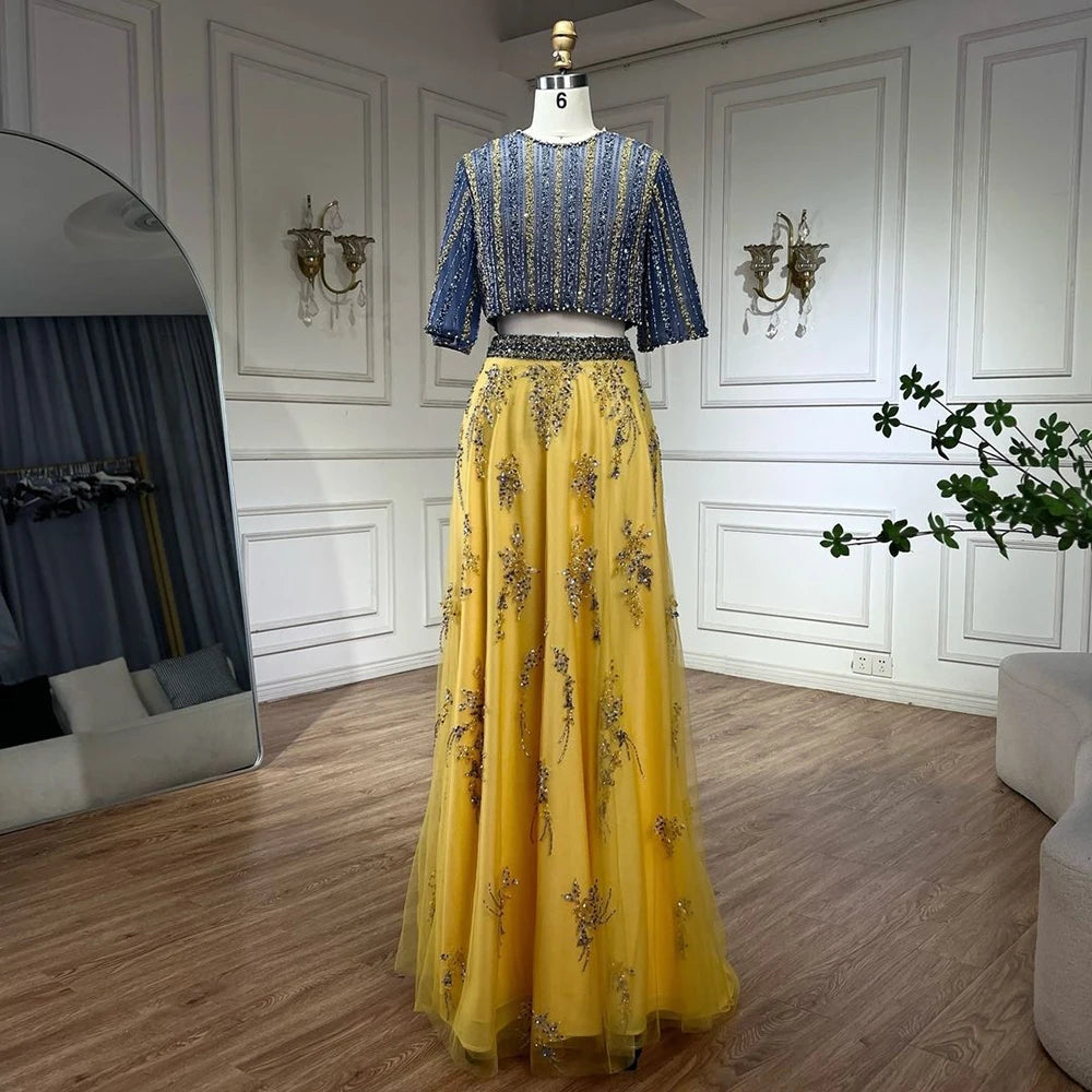 Serene Hill 2024 Luxury Dubai Blue and Yellow Piece Evening Gowns for Women Elegant Long Formal Prom Wedding Party Dress LA72470 Mermaid Tail Wedding
