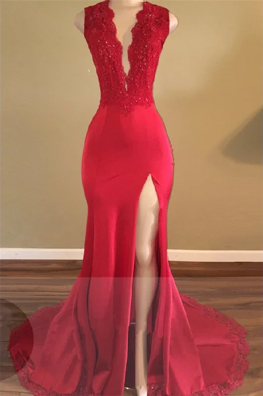 V-neck Red Backless Sleeveless Beads Front-Split Newest  Prom Dress BA5293