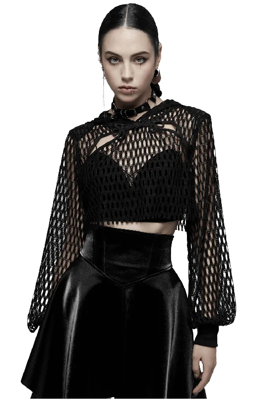Black Sheer Mesh Crop Top Hoodie For Trendy Looks Hooded Caped Shawl Collar