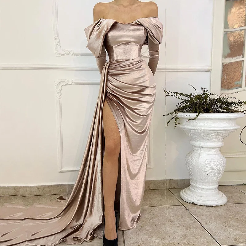 Cinessd Back to school outfit Velour Evening Dresses 2022 Off-The-Shoulder Long Sleeves Elegant Prom Gowns Pleat Side Split Sexy Mermaid Formal Party Dress Tunics Bestseller popular