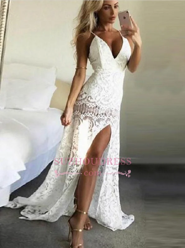 Sexy Mermaid Lace Prom Dresses  | White Side-Slit Evening Dresses