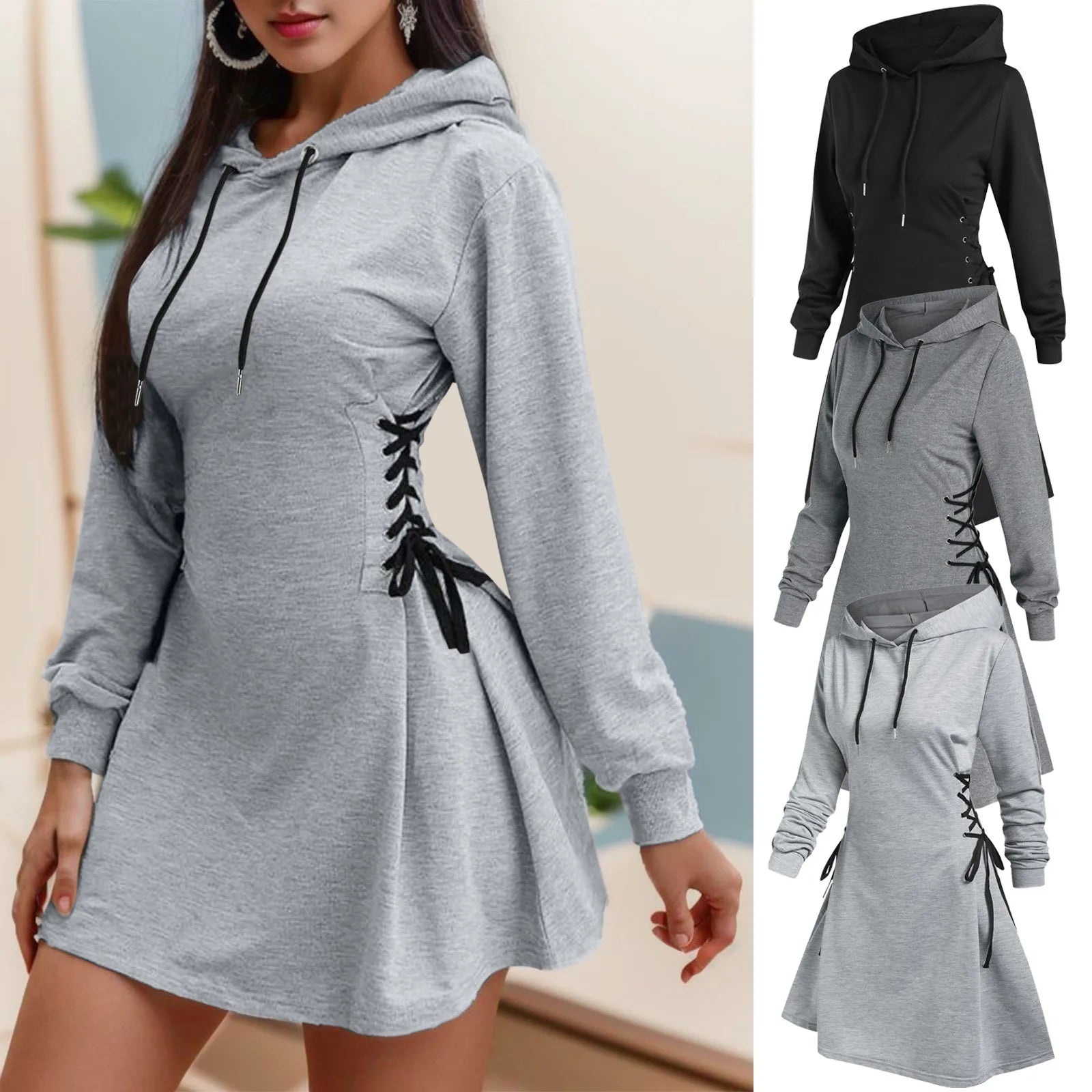 Tie Waist Mini Hoodies Dress Hoodie with Hem Contrast Bold Stylish