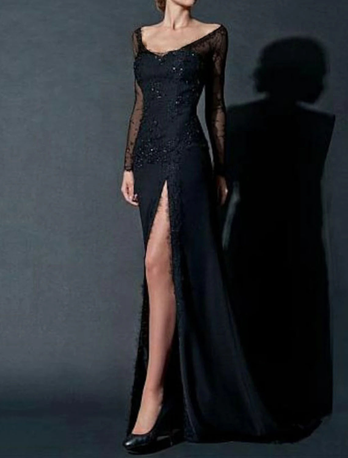 Sheath Party Dress Sexy Engagement Formal Evening Dress Scoop Neck Long Sleeve Floor Length Chiffon with Beading Lace Insert Split Front Tunics Luxurious premium