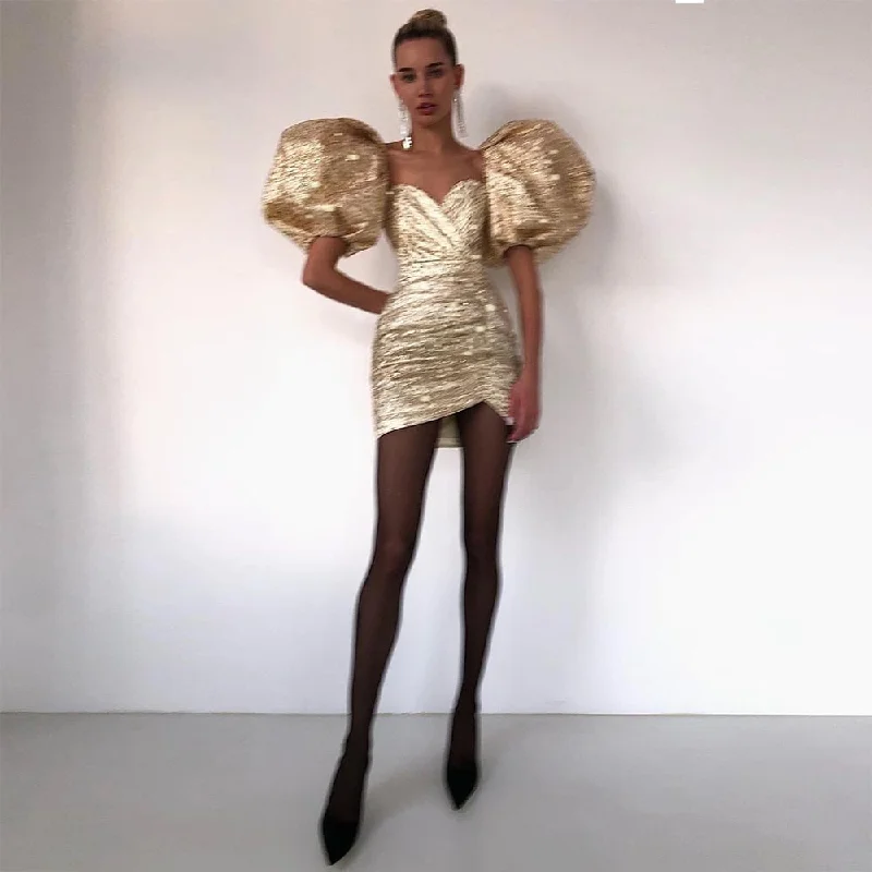Cinessd  Sparkle Gold Short Puff Sleeves Mini Prom Dresses Sweetheart Elegant Evening Party Dress Cocktail Dresses For Women 2022 Lace Sexy Club
