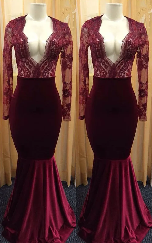 Sexy Deep V-neck Burgundy Lace Long Sleeve Prom Dress  Mermaid Velvet Evening Gown