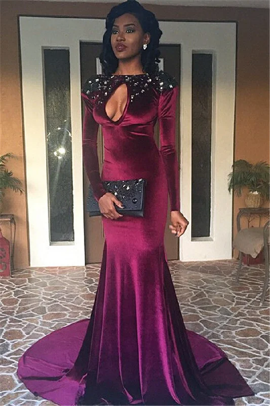 Sexy Long Sleeve Backless Mermaid Prom Party Dress Velvet Keyhole Neckline Evening Gowns BA1329 Tunics Bestseller popular Sexy Long Sleeve Backless Mermaid Prom Party Dress Velvet Keyhole Neckline Evening Gowns BA1329 Tunics Bestseller popular