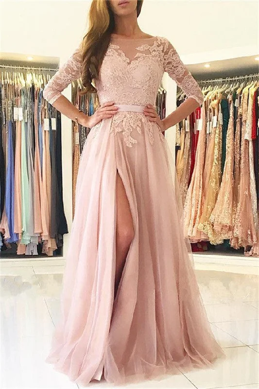 Half Sleeves Lace Appliques Pink Evening Dresses Front Split Tulle Prom Dress BA7488 Half Sleeves Lace Appliques Pink Evening Dresses Front Split Tulle Prom Dress BA7488