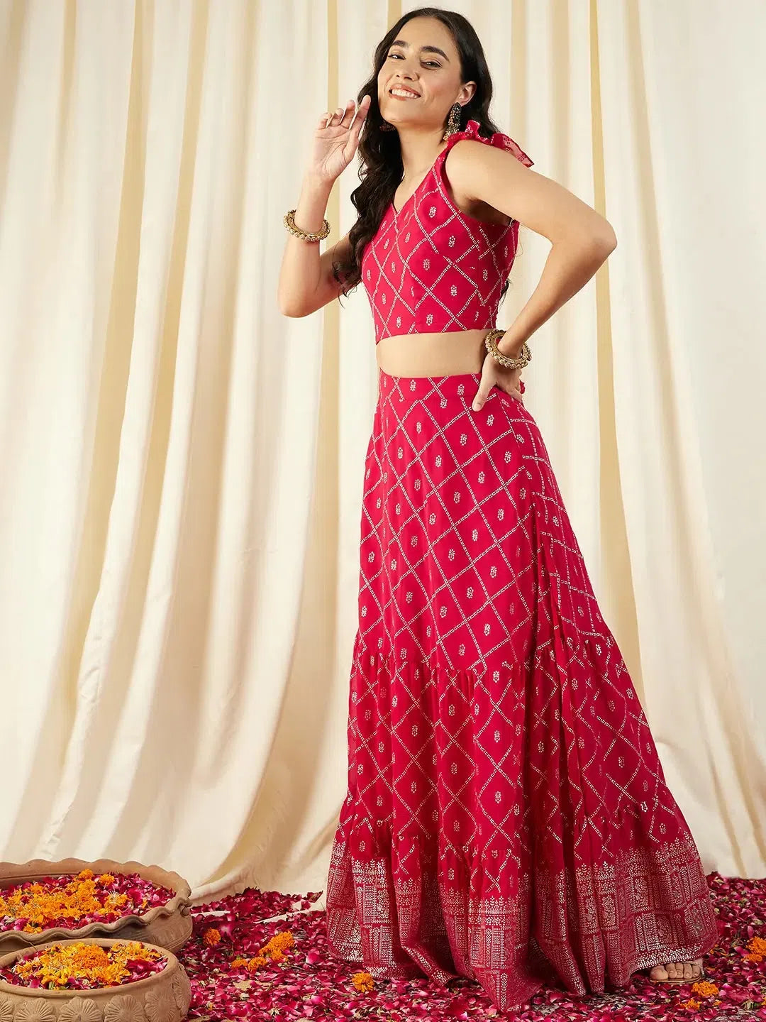 Crop top With Back tie and Flared Skirt in Magenta Color Front Pockets Side Pockets Patch Pockets Crop top With Back tie and Flared Skirt in Magenta Color Front Pockets Side Pockets Patch Pockets