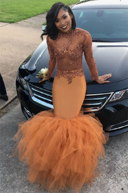 Dust Orange Long Sleeve Mermaid Prom Dress With Beads Appliques