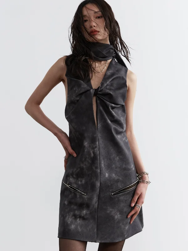 Dark Punk Cut-out Smoked Leather Bib Dress JNY0118