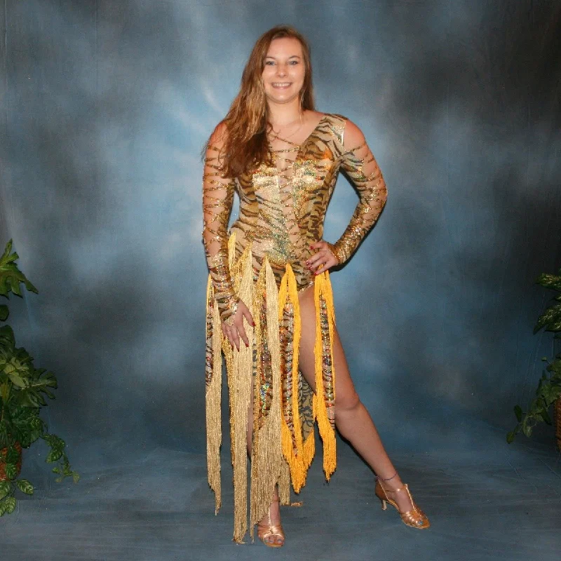 Gold Tiger Print Hologram Latin-Rhythm Dress with Fringe-Sheena Tunics Short Trendy