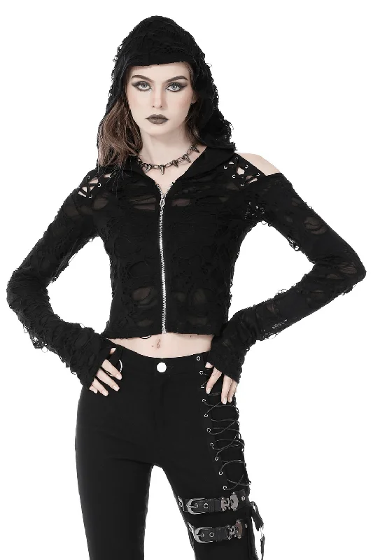 Edgy Women's Ripped Mesh Hood Crop Top - Dark Alt Fashion Zippered Front Buttoned Front Snap Front Edgy Women's Ripped Mesh Hood Crop Top - Dark Alt Fashion Zippered Front Buttoned Front Snap Front