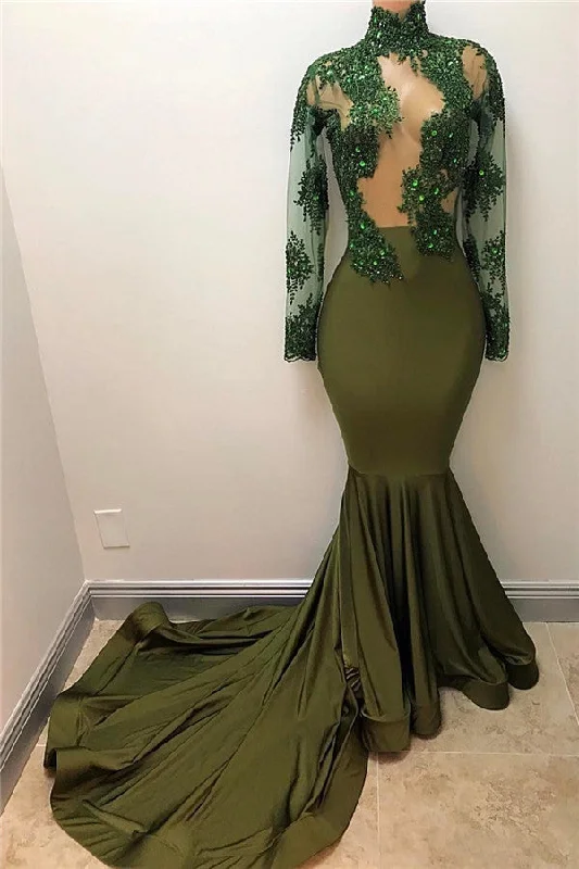 Oliva Green Prom Dress Sexy Sheer Appliques Tulle Long Sleeve Mermaid Evening Gown BA7958 Oliva Green Prom Dress Sexy Sheer Appliques Tulle Long Sleeve Mermaid Evening Gown BA7958