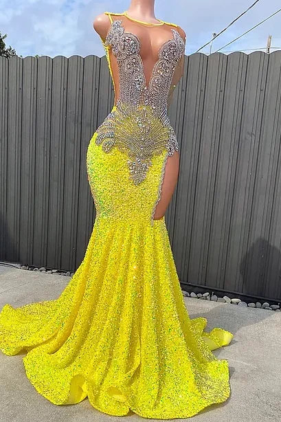 Round neck Silver Beaded Mermaid Yellow Sequin Prom Party Dresses Tunics Trousers formal
