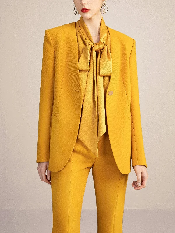 2 Piece Gold Single Button V Neck Women Suit (Blazer+Pants） Modern Bootcut Pants